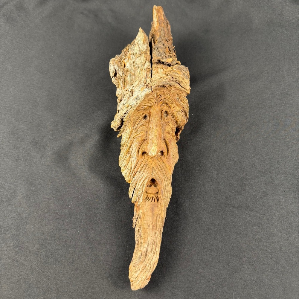Hand Carved Wood Spirit Face Wall Hanging Signed RT '16 13.5 x 4 in